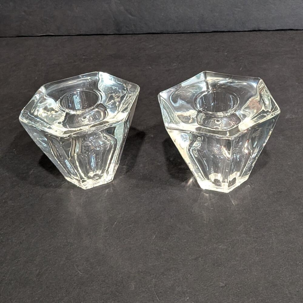 2 Vintage Clear Pressed Glass Hexagon Taper Candlestick Holders Geometric MCM
